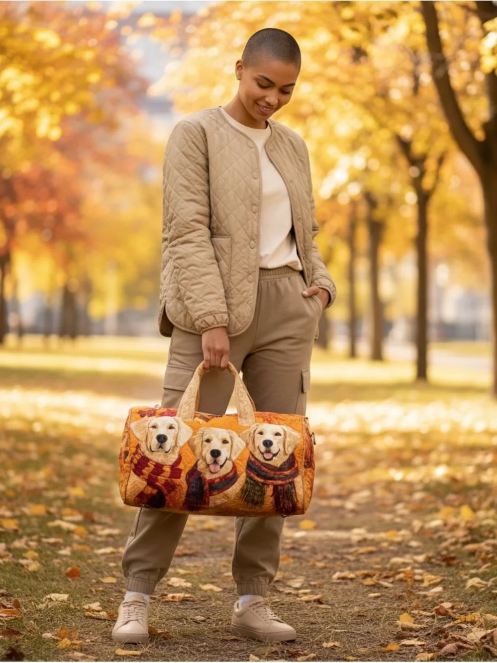 Golden Retriever Quilted Duffle Bag Autumn Fall Leaves Dog Lover Travel Tote